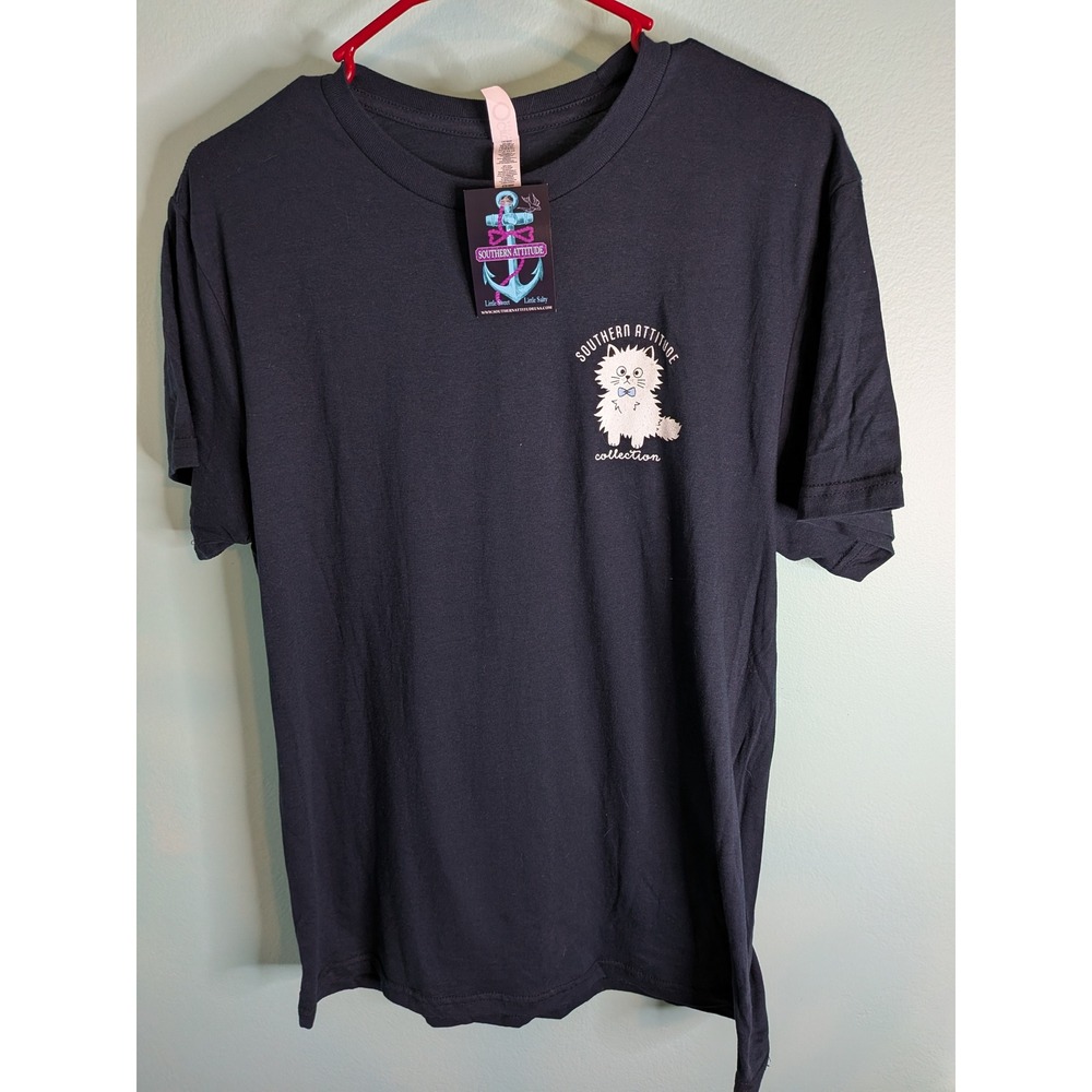 Southern Attitude Navy Blue Graphic T-Shirt White Fluffy Cat Bow Tie Medium NWT